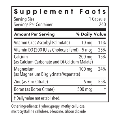 Supplement Facts panel for Cal Mag Zinc Complex with Vitamin D listing Vitamin C D3 calcium magnesium zinc boron.