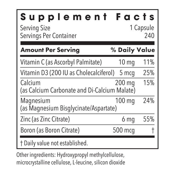 Supplement Facts panel for Cal Mag Zinc Complex with Vitamin D listing Vitamin C D3 calcium magnesium zinc boron.