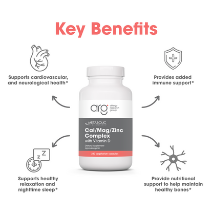 Metabolic Maintenance Cal/Mag/Zinc with Vitamin D bottle shown beside the Suggested Use heading on a light background