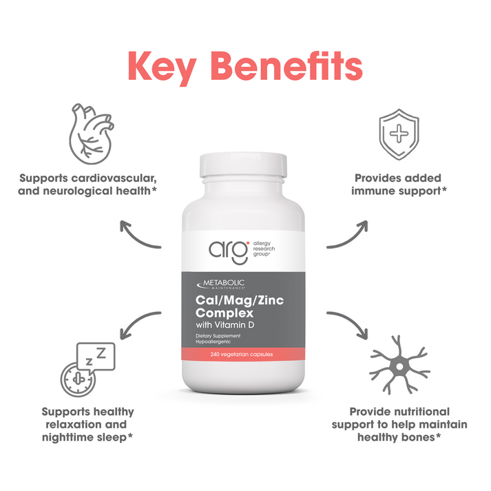 Metabolic Maintenance Cal/Mag/Zinc with Vitamin D bottle shown beside the Suggested Use heading on a light background