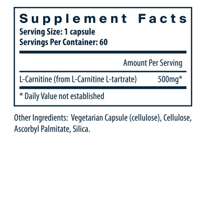 Vital Nutrients Carnitine dietary supplement ingredients and supplement facts.