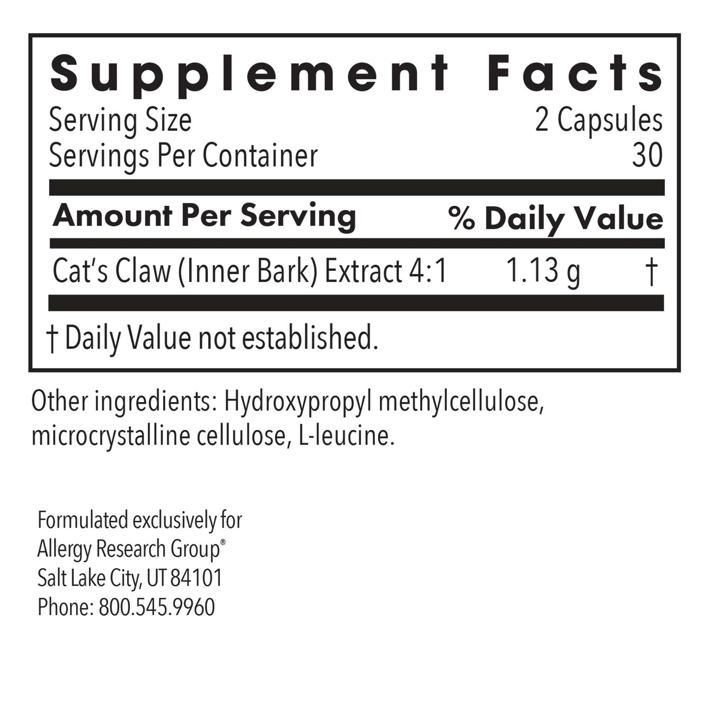 Cat's Claw - supplement fact label with Cat´s Claw