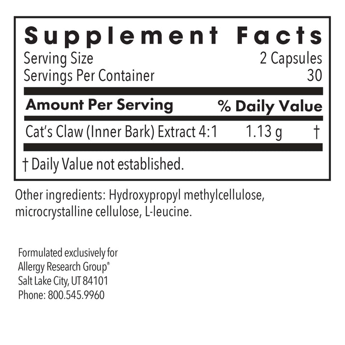 Cat's Claw - supplement fact label with Cat´s Claw
