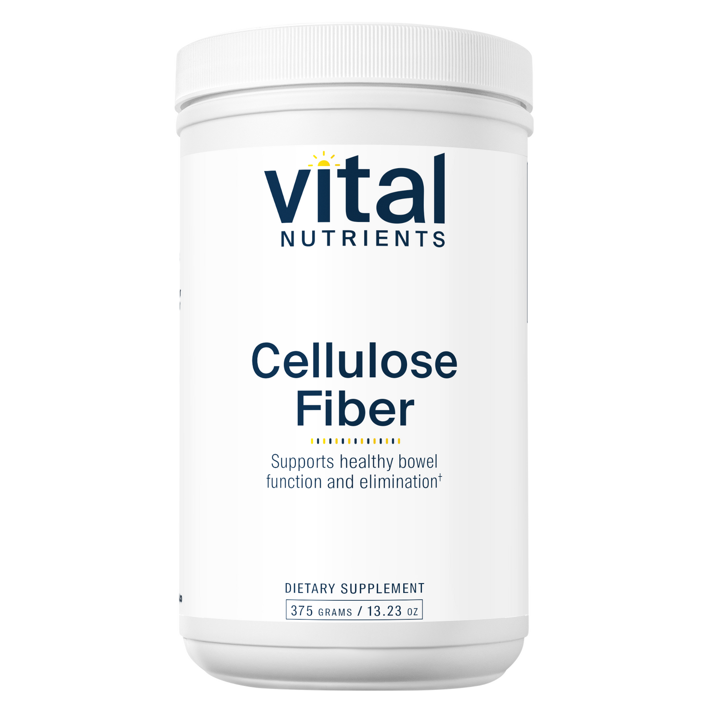 A white container labeled "Vital Nutrients Cellulose Fiber," promoting healthy bowel function. Contains 375 grams.