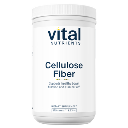 A white container labeled "Vital Nutrients Cellulose Fiber," promoting healthy bowel function. Contains 375 grams.