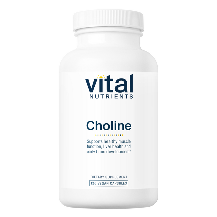 A white bottle labeled "Vital Nutrients Choline," containing 120 vegan capsules, promoting muscle function, liver health, and brain development.