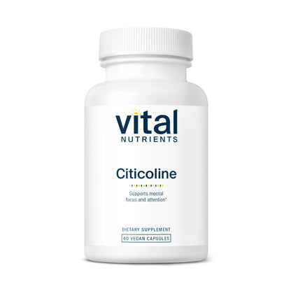 A white bottle of Vital Nutrients Citicoline dietary supplement, containing 60 vegan capsules, labeled for mental focus and attention support.