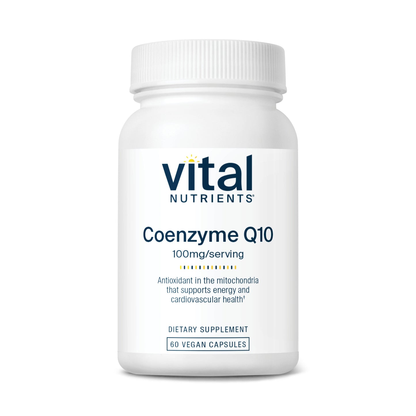 A white bottle of Vital Nutrients Coenzyme Q10, containing 60 vegan capsules, labeled with dosage and health benefits.