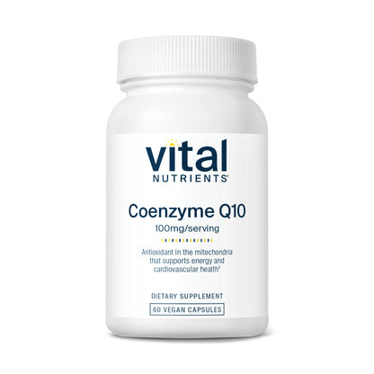 A white bottle of Vital Nutrients Coenzyme Q10, containing 60 vegan capsules, labeled with dosage and health benefits.