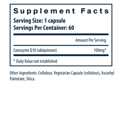 Vital Nutrients Coenzyme Q10 100mg/serving dietary supplement facts.