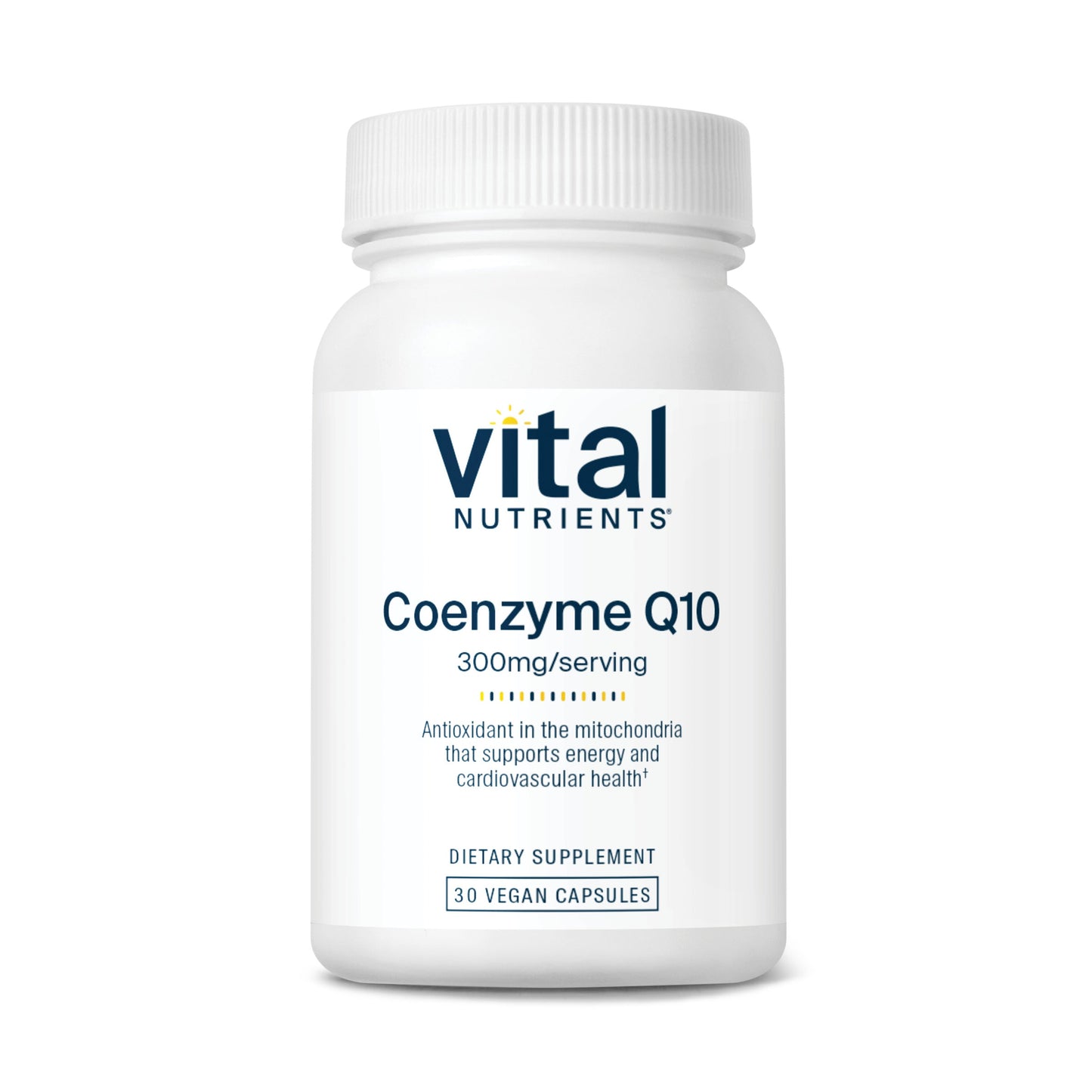 A white bottle of Coenzyme Q10 dietary supplement, 300mg per serving, containing 30 vegan capsules.