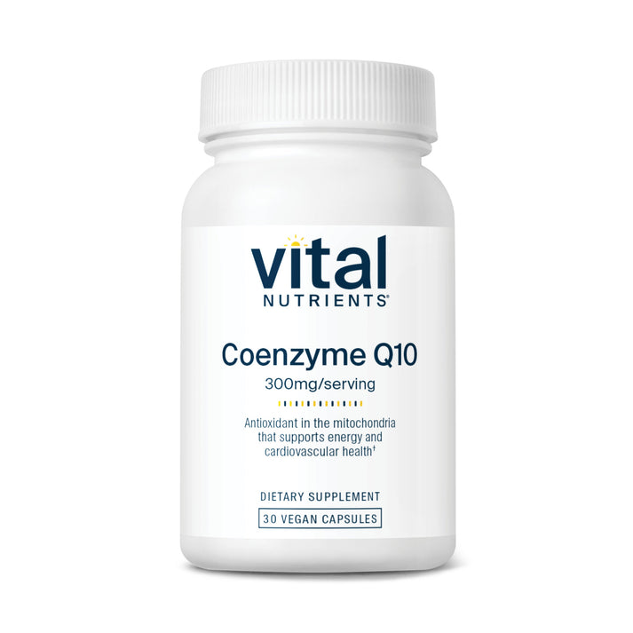 A white bottle of Coenzyme Q10 dietary supplement, 300mg per serving, containing 30 vegan capsules.