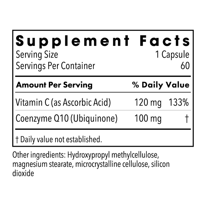 Supplement Facts panel with Vitamin C 120 mg and CoQ10 100 mg per capsule and list of other ingredients.