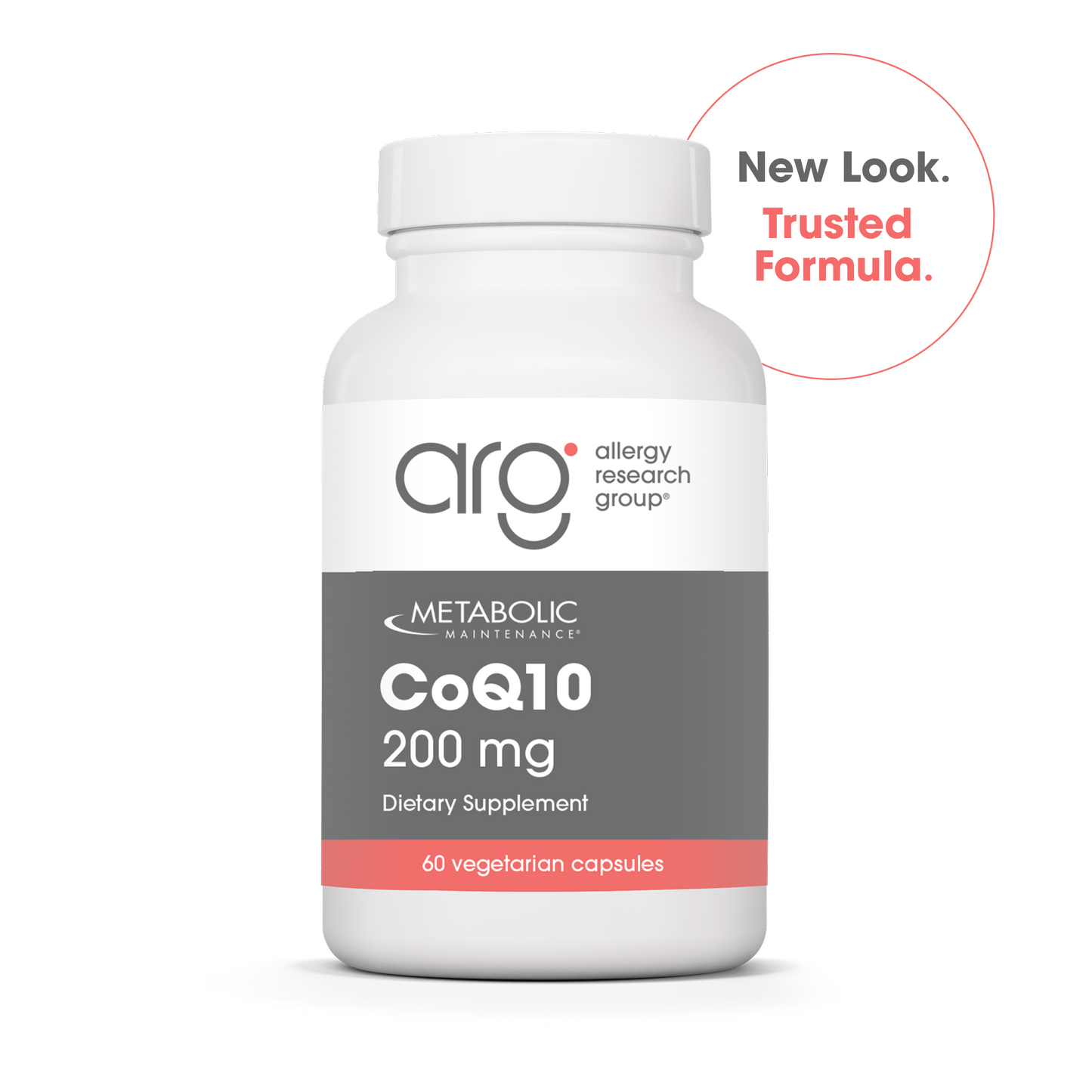 CoQ10 200 mg Metabolic Maintenance bottle with new look and trusted formula badge