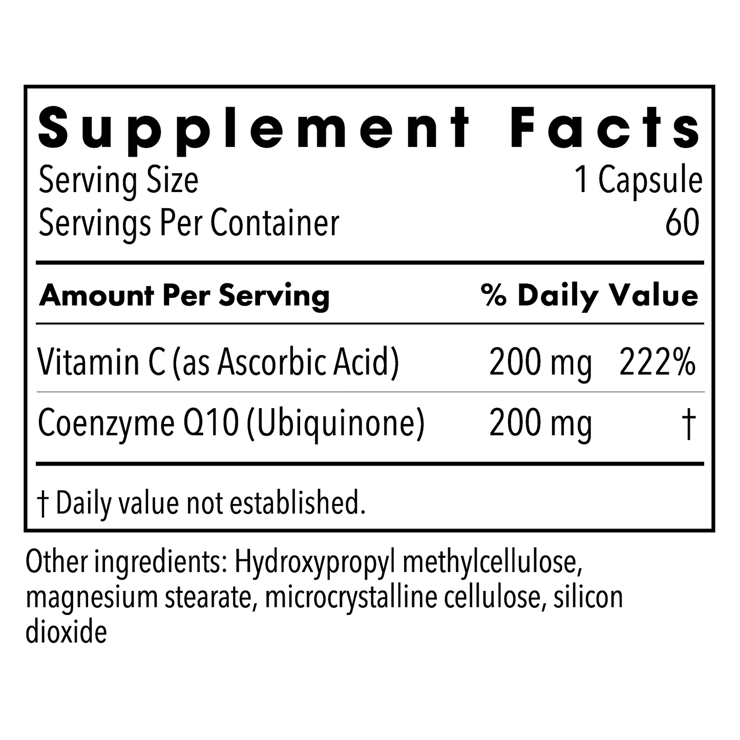 Supplement facts panel for Metabolic Maintenance CoQ10 200 mg showing vitamin C and CoQ10 amounts.