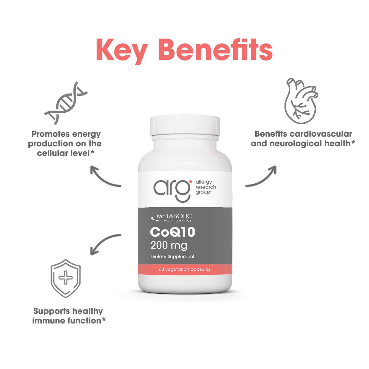 CoQ10 200 mg dietary supplement bottle with suggested use instructions.