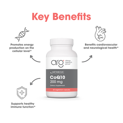 CoQ10 200 mg dietary supplement bottle with suggested use instructions.