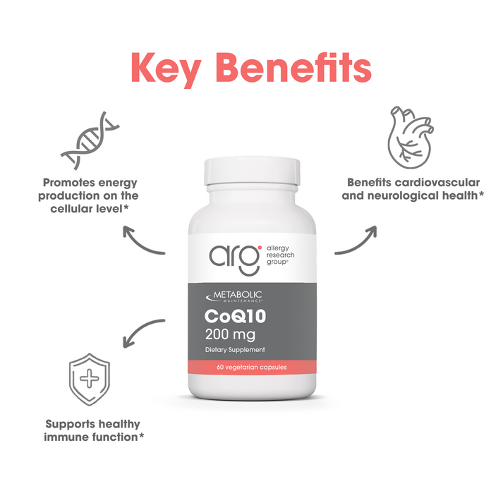 CoQ10 200 mg dietary supplement bottle with suggested use instructions.