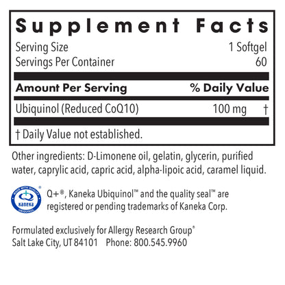 CoQ10 Ubiquinol - supplement fact label with Ubiquinol