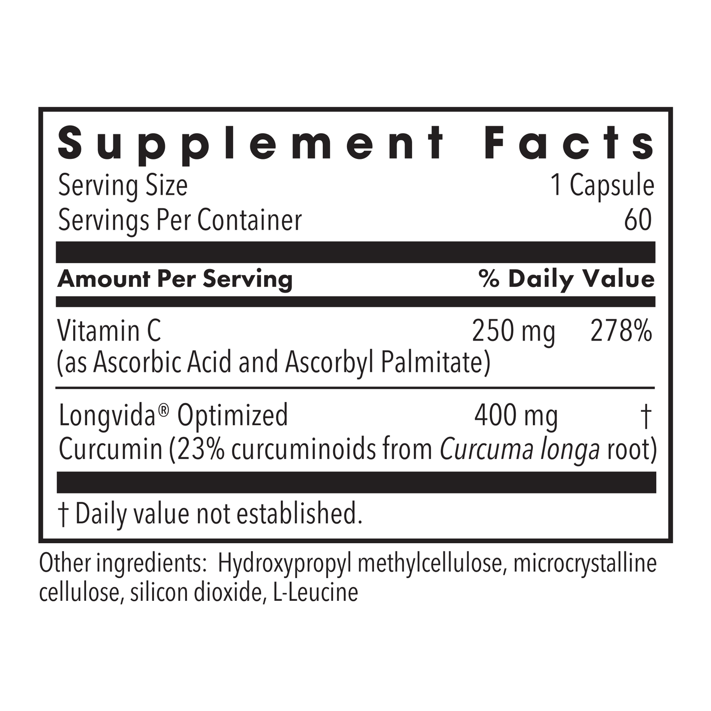Supplement Facts for Curcumin plus C showing Vitamin C 250 mg and Longvida 400 mg per serving.