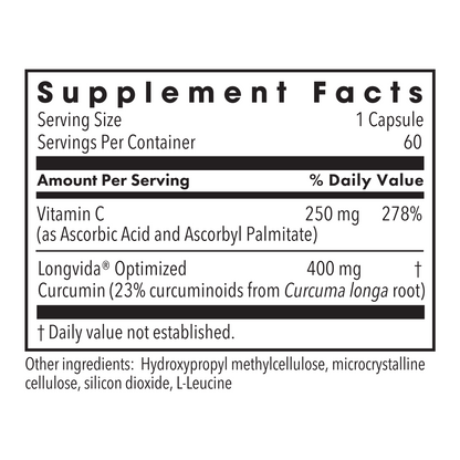 Supplement Facts for Curcumin plus C showing Vitamin C 250 mg and Longvida 400 mg per serving.