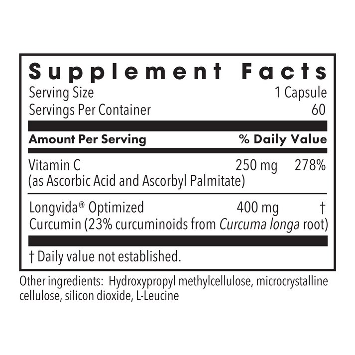 Supplement Facts for Curcumin plus C showing Vitamin C 250 mg and Longvida 400 mg per serving.