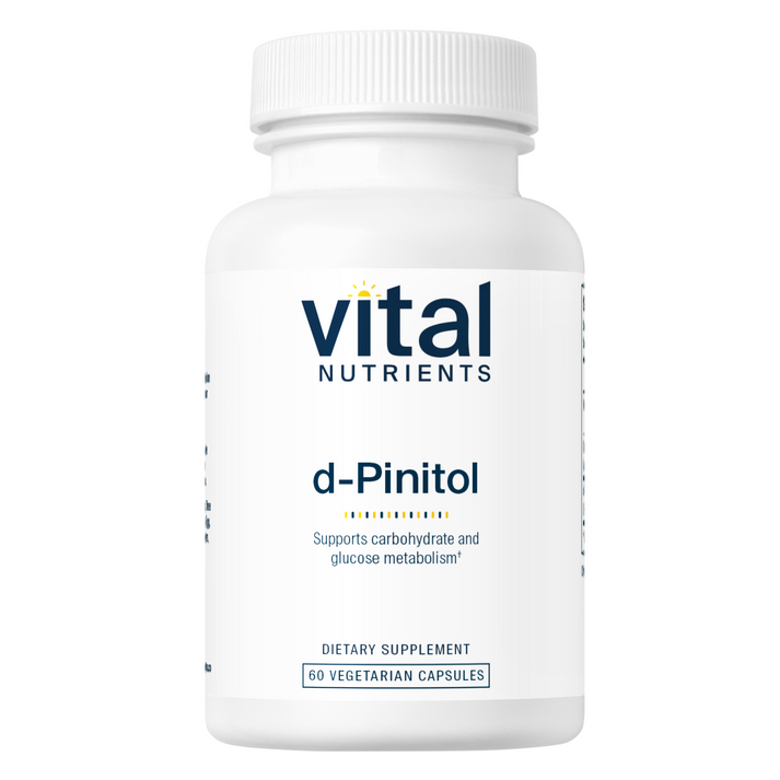 A white bottle of dietary supplement labeled "d-Pinitol" by Vital Nutrients, containing 60 vegetarian capsules.