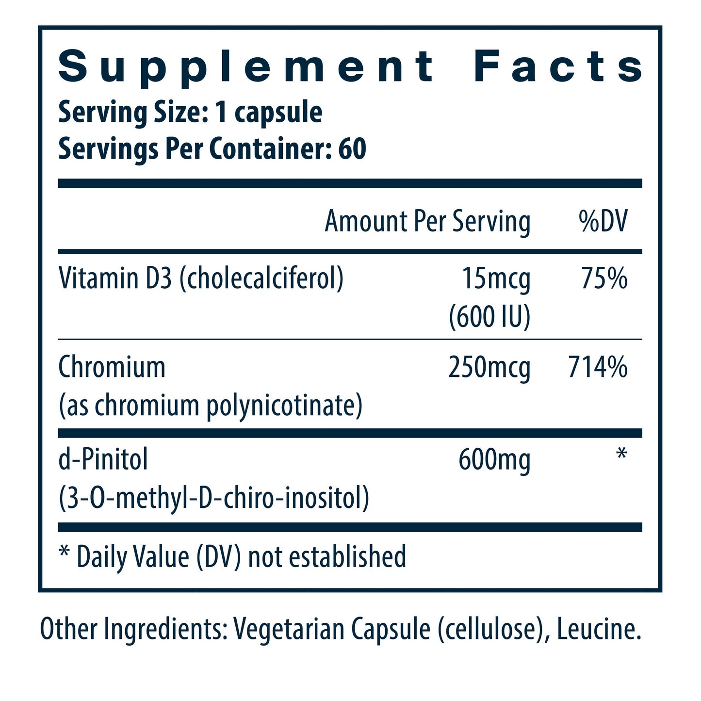 Vital Nutrients d-Pinitol dietary supplement ingredients and supplement facts.