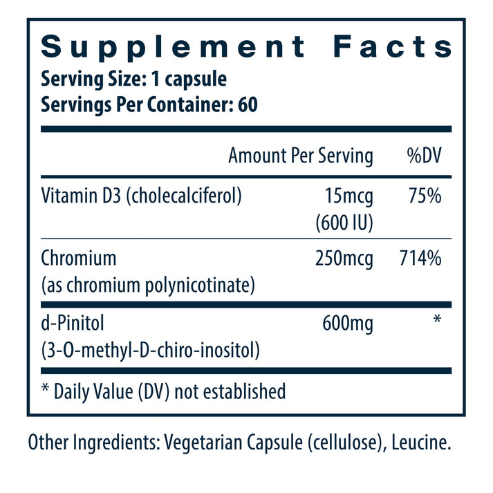 Vital Nutrients d-Pinitol dietary supplement ingredients and supplement facts.