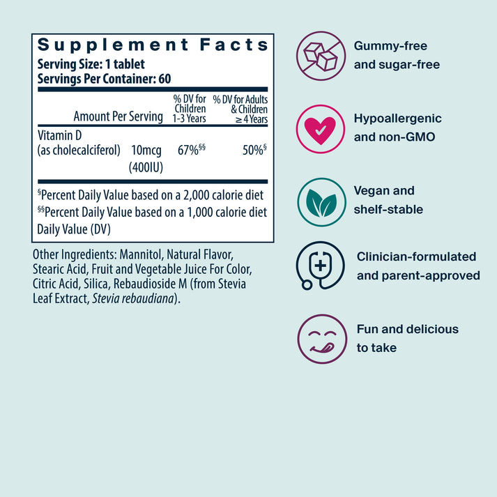 Vital Nutrients Kids D3 Dynamo Vitamin D3 supplement facts.