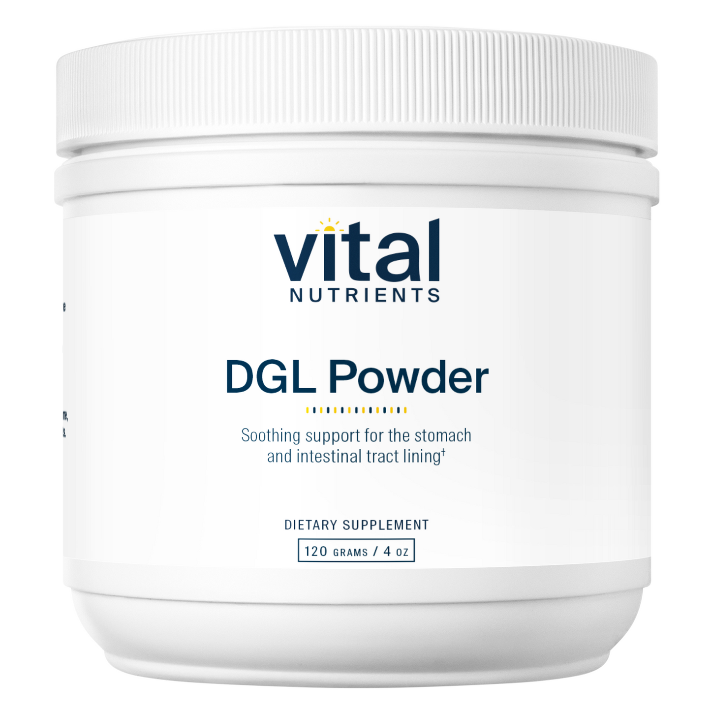 A white container of DGL Powder by Vital Nutrients, labeled as a dietary supplement for stomach and intestinal support.