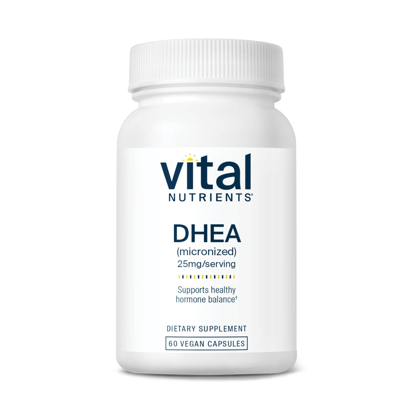 A white bottle of Vital Nutrients DHEA dietary supplement, containing 60 vegan capsules, labeled with dosage and benefits.