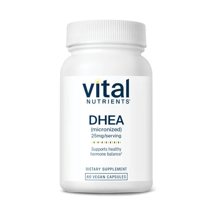 A white bottle of Vital Nutrients DHEA dietary supplement, containing 60 vegan capsules, labeled with dosage and benefits.