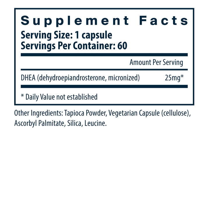 Vital Nutrients DHEA 25 mg dietary supplement facts.