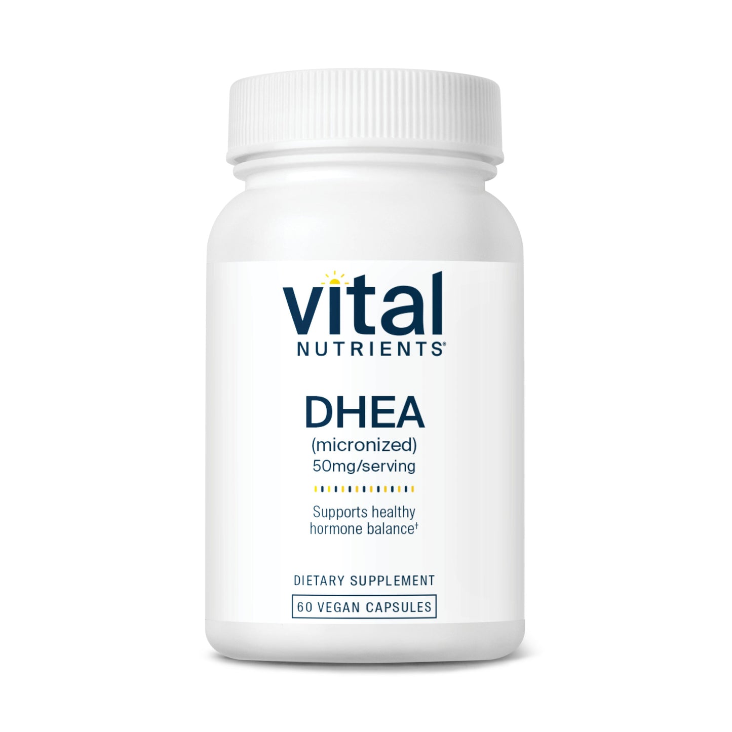 A white bottle of Vital Nutrients DHEA dietary supplement, containing 60 vegan capsules, labeled with dosage and benefits.