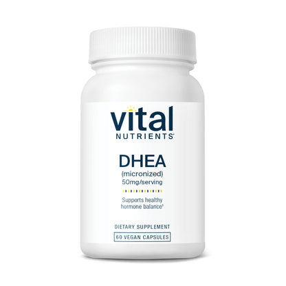 A white bottle of Vital Nutrients DHEA dietary supplement, containing 60 vegan capsules, labeled with dosage and benefits.
