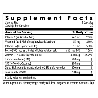 Supplement Facts panel for Metabolic Maintenance DIM Complex listing serving size and vitamins
