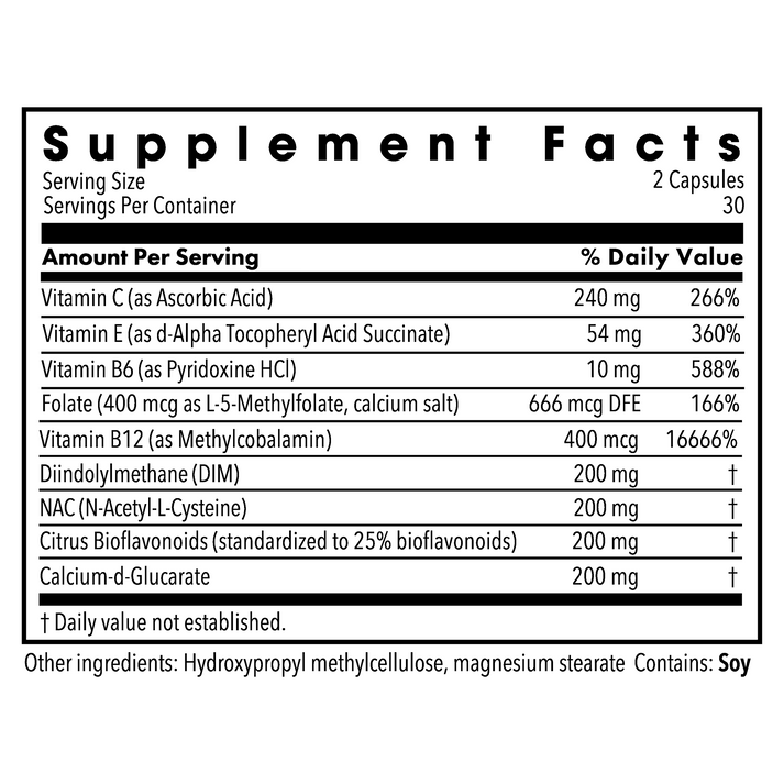 Supplement Facts panel for Metabolic Maintenance DIM Complex listing serving size and vitamins