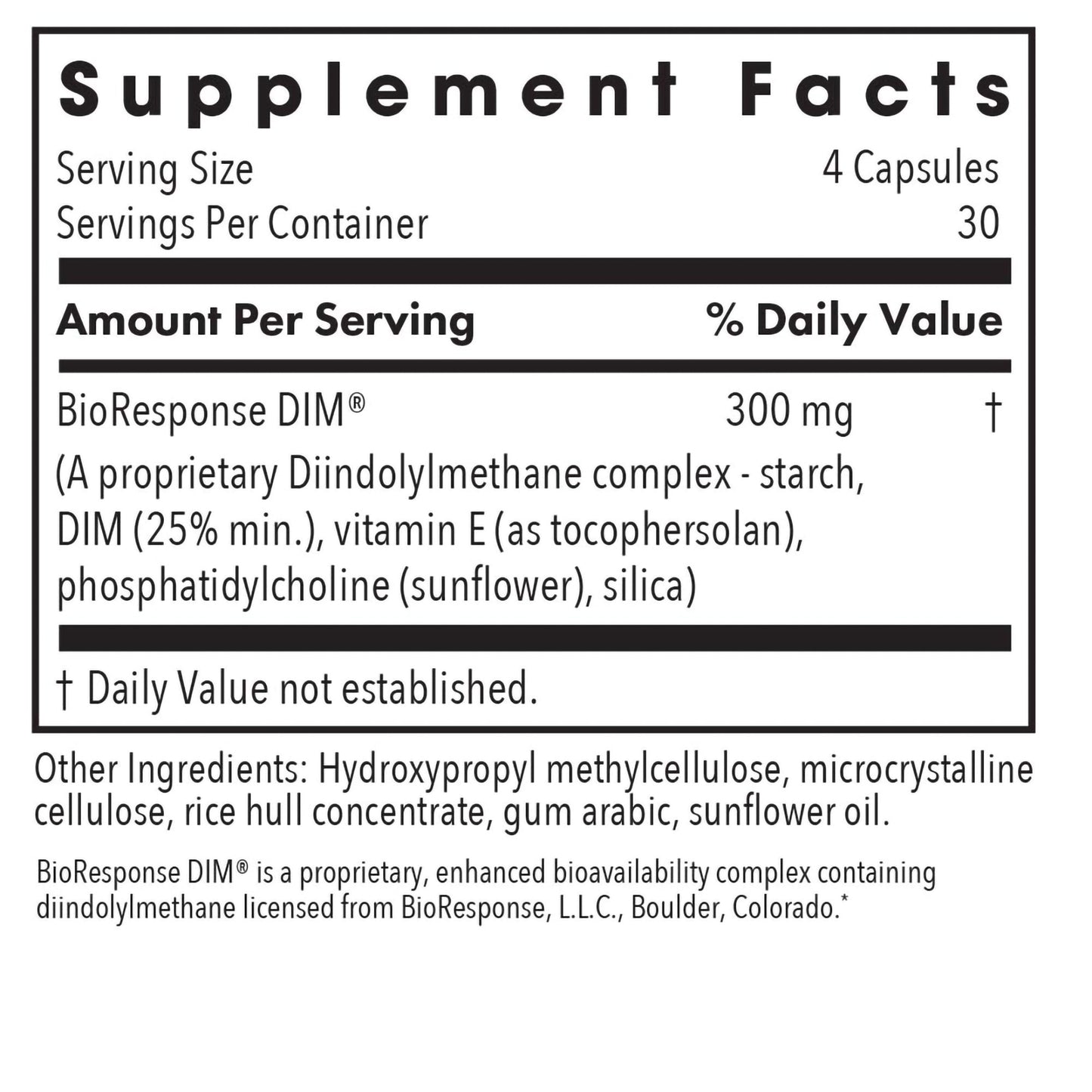 DIM Enhanced Delivery System - supplement fact label with Bio Response DIM