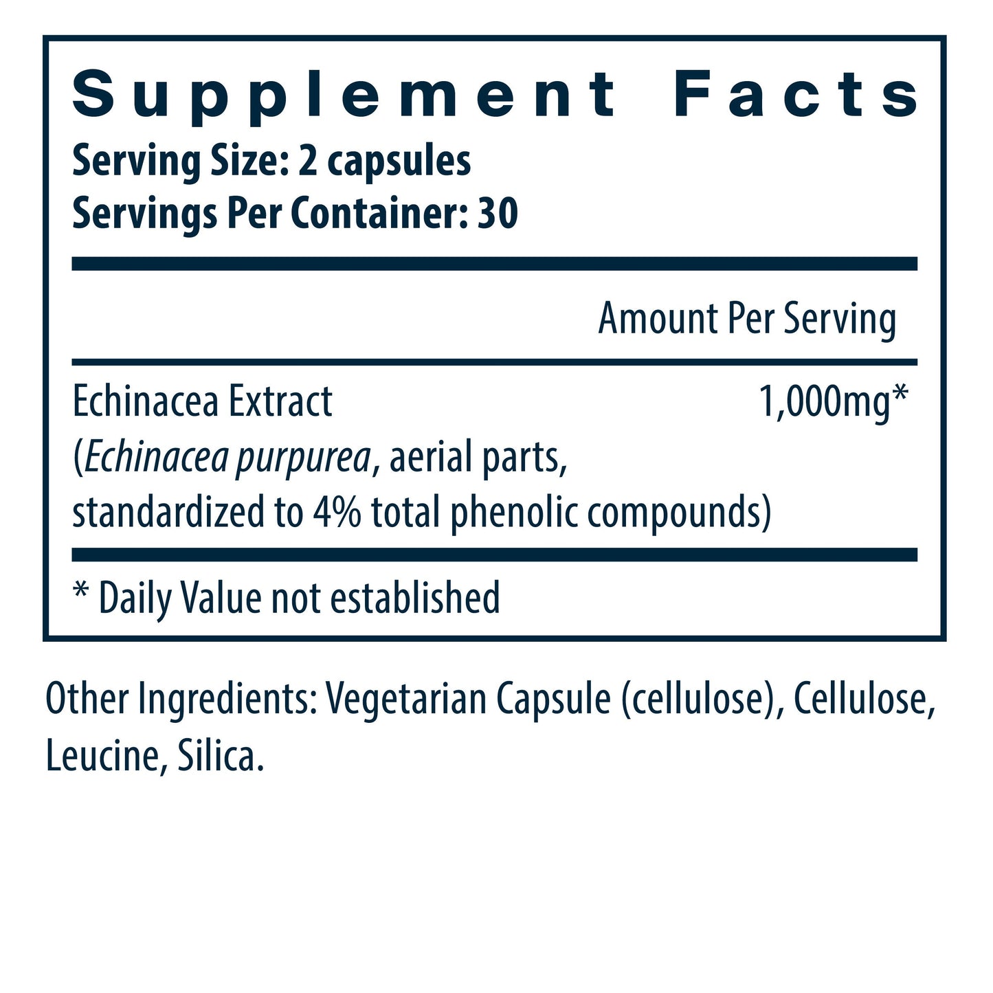 Vital Nutrients Echinacea Extract dietary supplement ingredients and supplement facts.