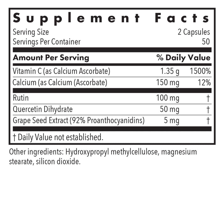 Supplement Facts panel for Esterol Ester-C showing vitamin C nutrient information, serving size, and daily value details