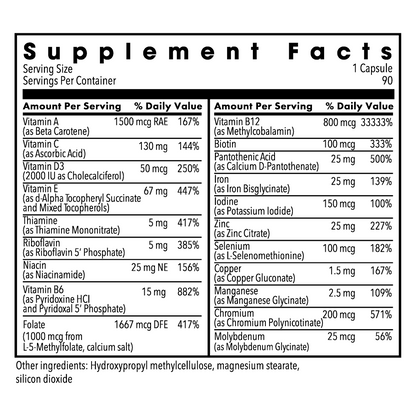 FemOne Women's Multivitamin supplement facts panel listing vitamins and minerals per serving.