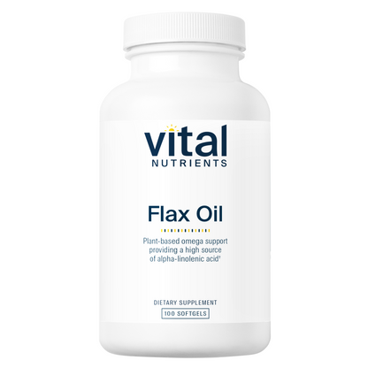 A white bottle of flax oil softgels labeled "Vital Nutrients," highlighting plant-based omega support and containing 100 softgels.