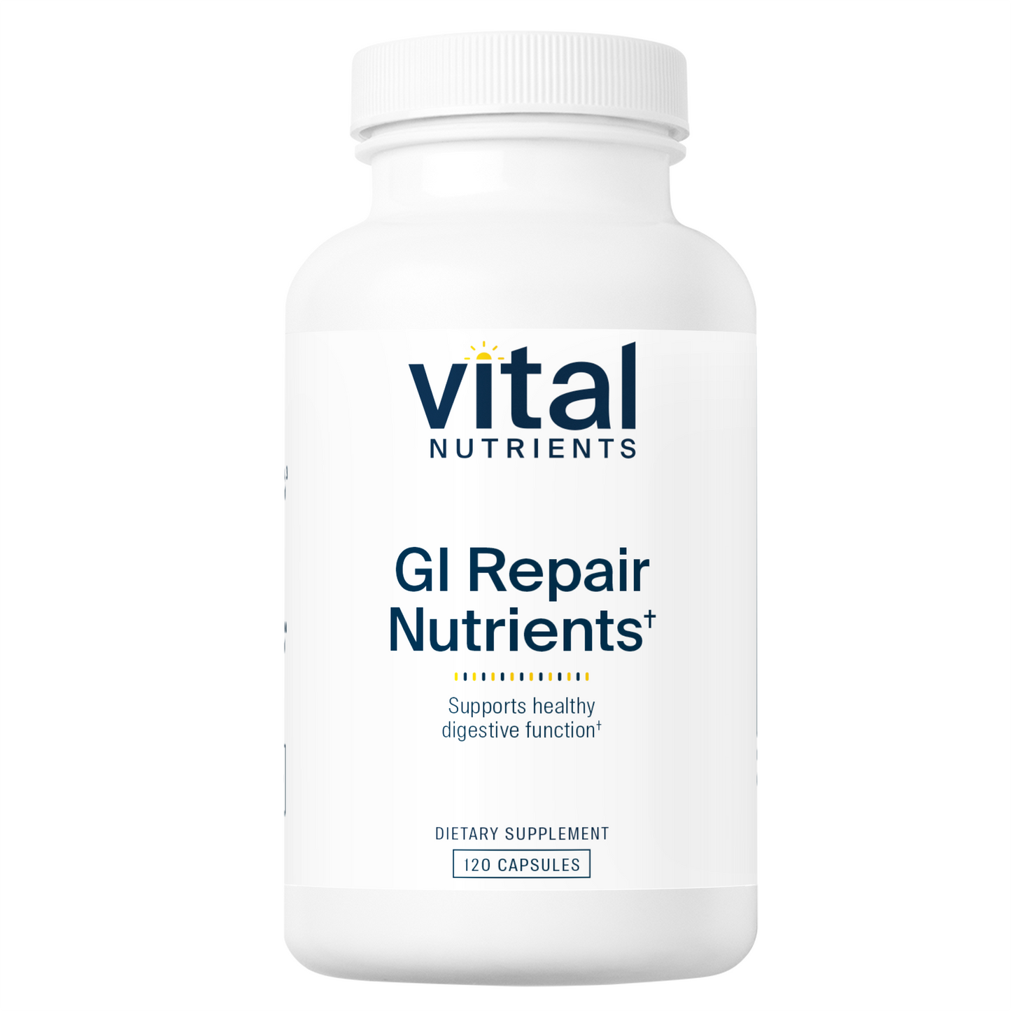 A white bottle labeled "Vital Nutrients GI Repair Nutrients" with 120 capsules, promoting healthy digestive function.
