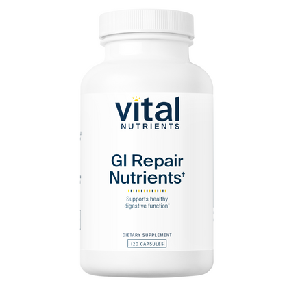 A white bottle labeled "Vital Nutrients GI Repair Nutrients" with 120 capsules, promoting healthy digestive function.
