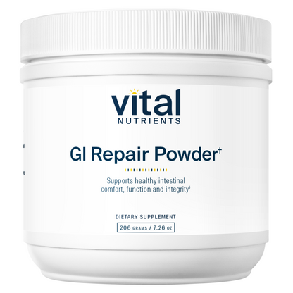 A white container of "GI Repair Powder" by Vital Nutrients, labeled as a dietary supplement, supporting intestinal health.