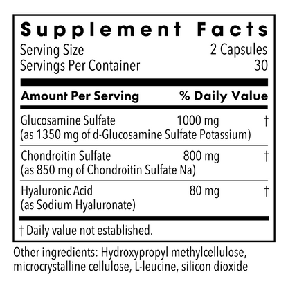 Supplement Facts panel for Metabolic Maintenance Glucosamine Chondroitin with Hyaluronic Acid showing serving size and ingredients