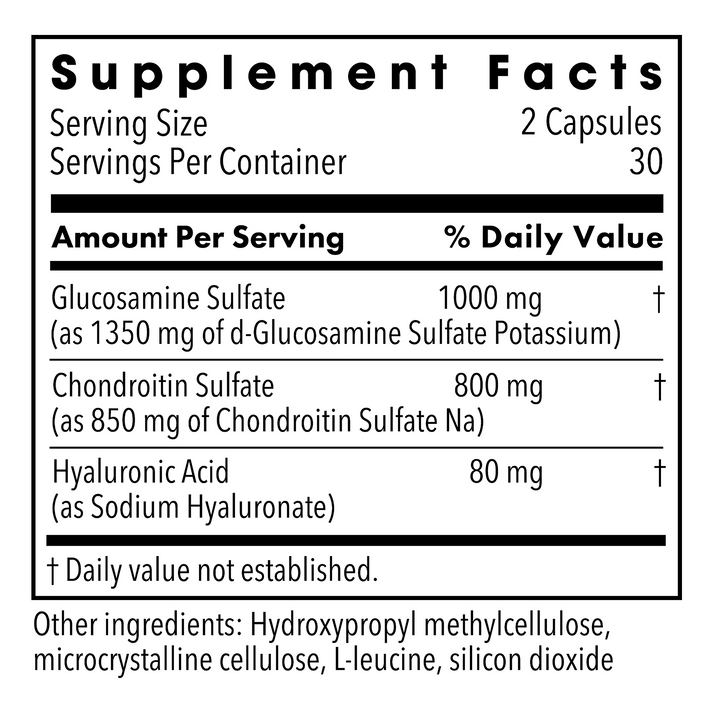 Supplement Facts panel for Metabolic Maintenance Glucosamine Chondroitin with Hyaluronic Acid showing serving size and ingredients