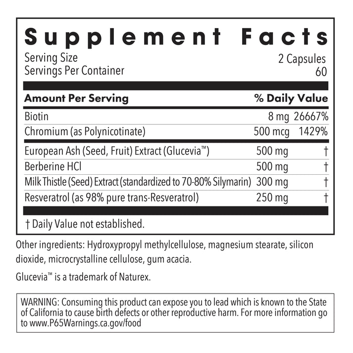 Supplement Facts panel for Glucose Tolerance II showing biotin, chromium polynicotinate, European ash extract, berberine, milk thistle, and resveratrol