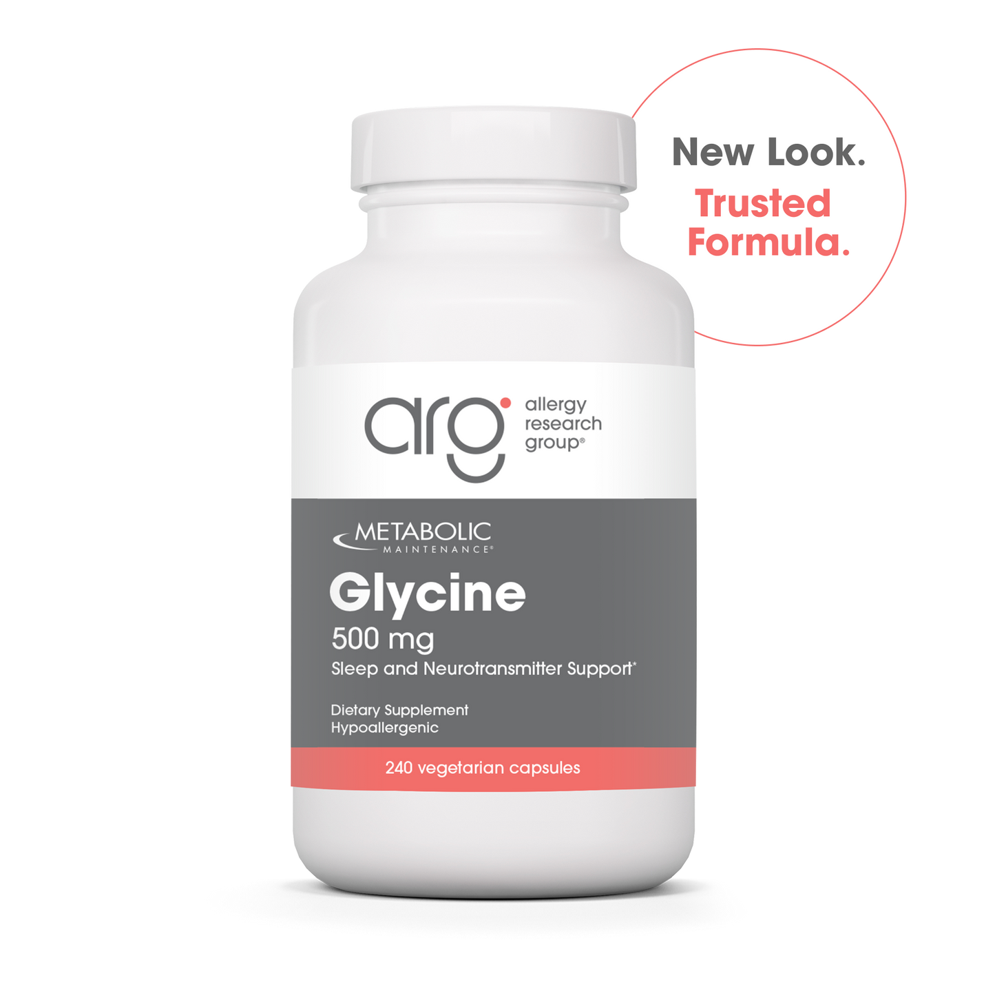 Bottle of Metabolic Maintenance Glycine capsules with New Look Trusted Formula badge.